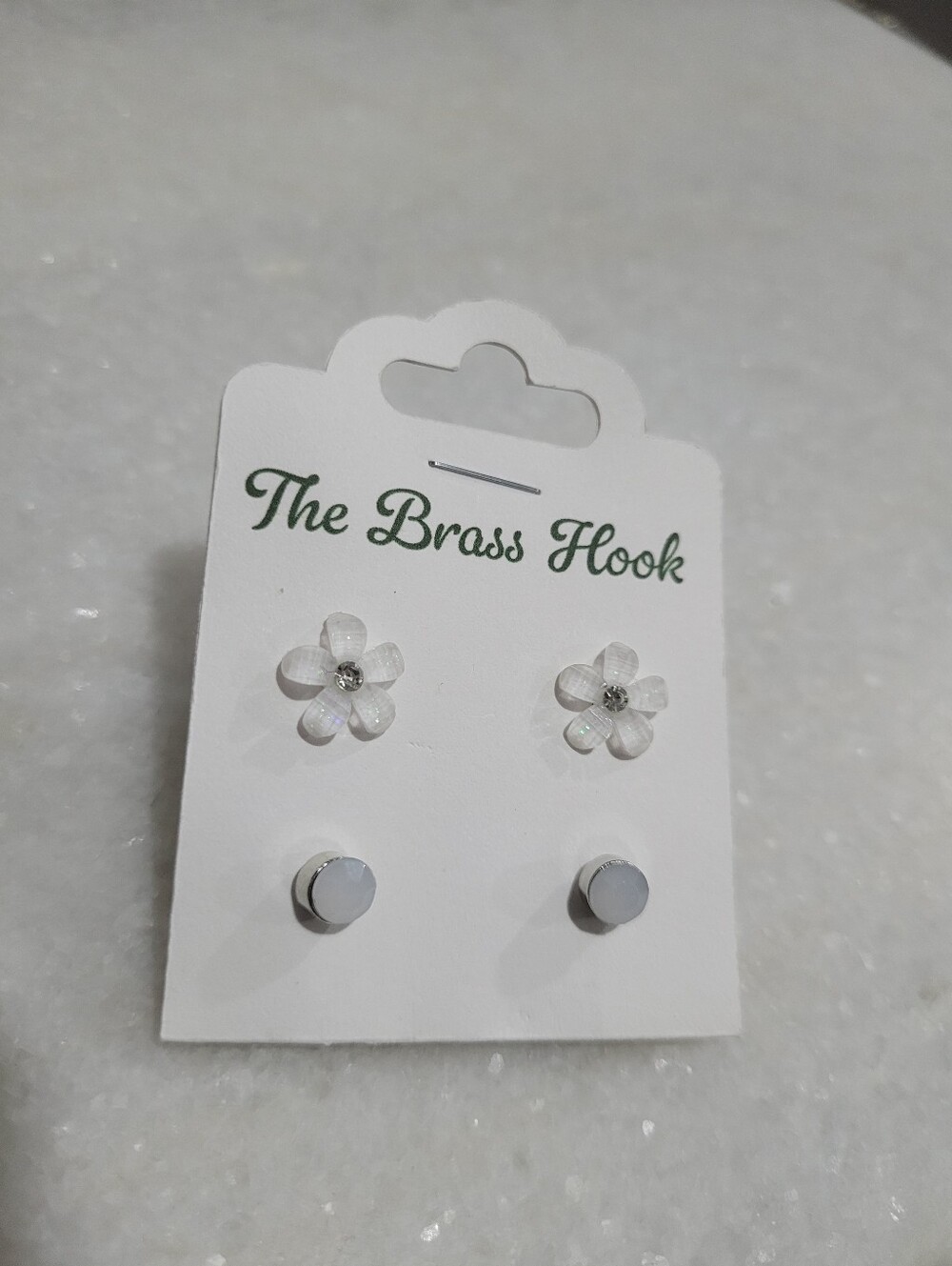 2-Pair White Floral & Faceted Stud Earrings
